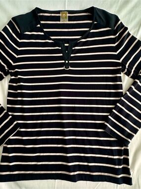 AnneKlein Black Striped L/S Henley Top L business casual preppy country club Y2K